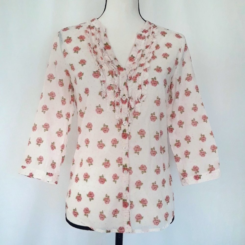 Lauren Conrad White Rose Print Tab Sleeve Blouse